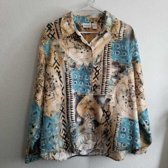 Chico's Button-Up Top Women's Size 3 Multicolor Polyester Long Sleeves Collared - Picture 1 of 7